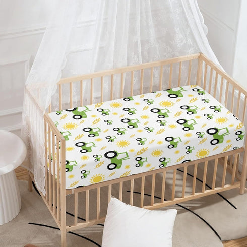 QINBEIDU 28"x52" Green Tractor Farm Fitted Crib Sheet Yellow Sun and Rice Crops Standard Crib Mattress Fitted Sheet