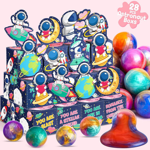 28 Pack Set SURCVIO Valentines Day Gifts for Kids, Galaxy Slime with Greeting Card Box Stress Relief Fidget Toy
