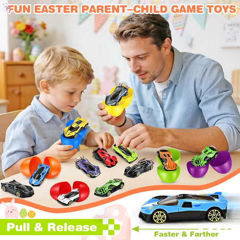 12 Pack Shemira Easter Eggs Filled with Die-cast Racing Cars for Kids Boys Easter Basket Stuffers, Prefilled Easter