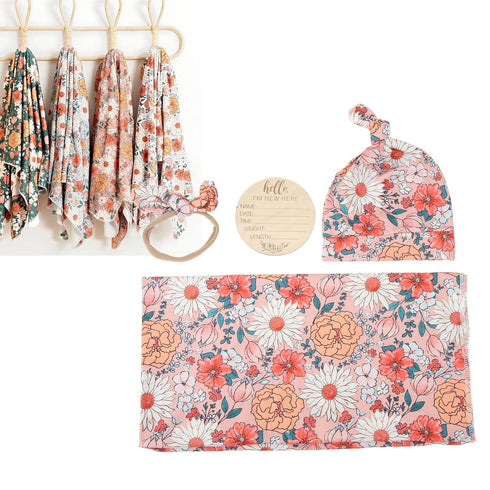 Vibrant Floral Print Newborn Swaddle Blanket Set with Hat and Headband, Cozy