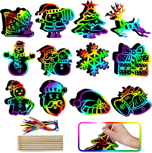 Max Fun 48PCS Christmas Crafts Scratch Art for Kids, Magic Rainbow Scratch Off Paper Cards, Party Favors