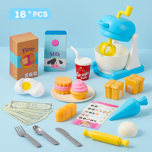 lalalark Playset, 16 Whisk n' Bake Bakery Mixer Pieces Toy Kitchen and Food Accessories with Play Money and Menu, Role