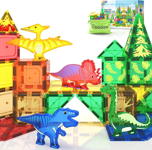 Coodoo Dinosaur Toys Magnetic Tiles - Magnet Building Blocks for Toddler Kids