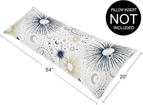 Sweet Jojo Designs Star and Moon Body Pillow Case Cover (Pillow Not Included) - Navy Blue, Gold, and Grey Celestial Sky