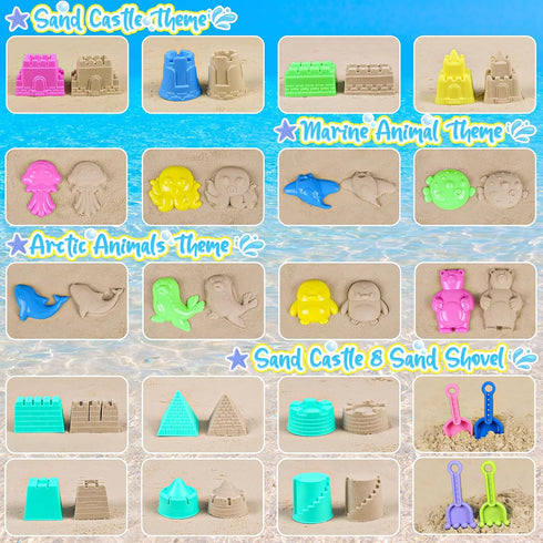 Beach Toys for Toddlers, Sand Castle Toys with 3 Buckets, 4 Shovels, Mesh Bag & Sand Molds for Kids Age 3-10