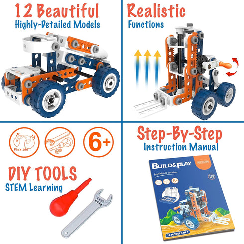 12-in-1 STEM Kit Toy for Kids - 152 Piece Construction Building Set for Boys and Girls Ages 4-12