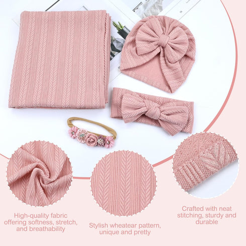 4pcs Cinaci Dusty Pink Soft Nursery Newborn Baby Receiving Swaddle Blanket with Matching Turban Hat Bow Headbands