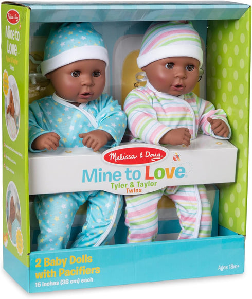 Melissa & Doug Mine to Love Twins Tyler & Taylor 15” Dark Skin-Tone Baby Dolls with Rompers, Caps, Pacifiers