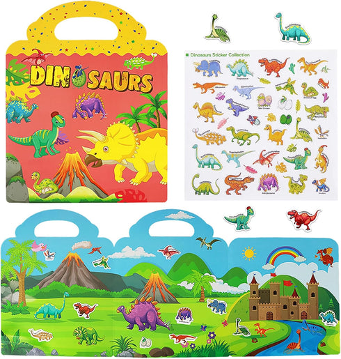 Reusable Sticker Books for Kids, Travel Dinosaur Sticker Books for 3-5 Year Olds, Educational Gifts for Boys & Girls