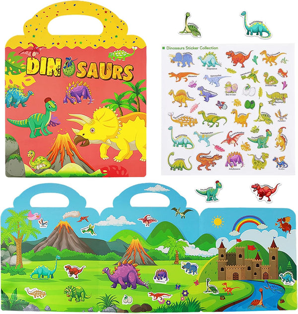 Reusable Sticker Books for Kids, Travel Dinosaur Sticker Books for 3-5 Year Olds, Educational Gifts for Boys & Girls