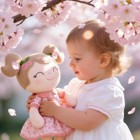 Plush Cherry Girl Doll - Soft Pink Baby Gift with Adorable Gift Bag