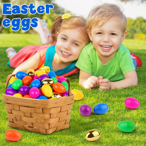 FLYSNK 300 Pack 6 2.4 Inch Easter Eggs Bulk Include Surprise Golden Eggs, Bright Colors Fillable Plastic Easter Egg