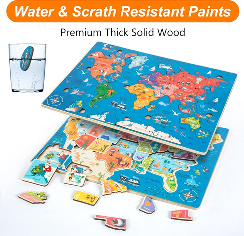 Puzzles for Kids Ages 4-6, Wooden Educational Puzzles for Toddlers 2-4, 2 Pack US & World Map