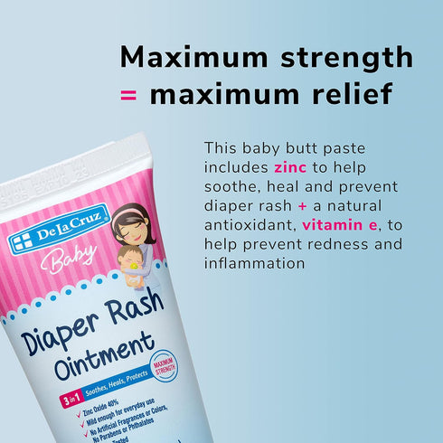 3.4 OZ De la Cruz Baby Diaper Rash Cream with Zinc Oxide - Maximum Strength Baby Healing Ointment to Help Soothe, Heal