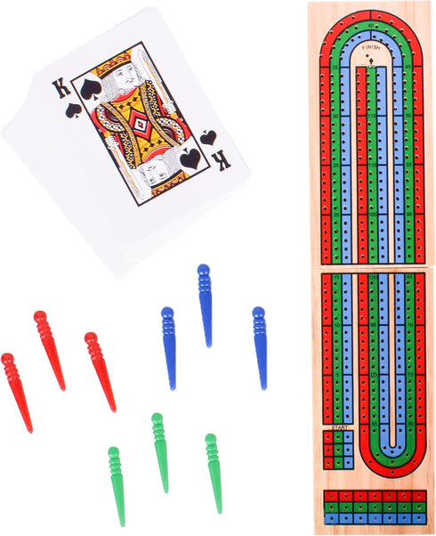 Elbow Set, 9 2-3 Room Games Cribbage Folding Wooden Board with Colored Pegs and Poker Playing Cards, Portable Travel