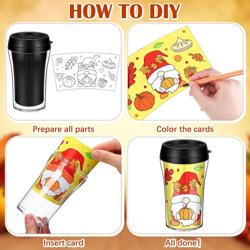 Yiyiring 12 Set 10 oz Thanksgiving Crafts DIY Color Your Own Coloring Cups Fall Pumpkin Turkey Leaves Plastic Mugs