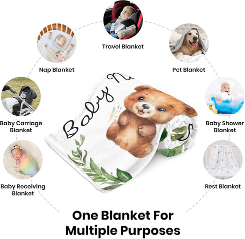 Novusopt 30x40 Custom Baby Blanket with Name, Personalized Bear Blanket for Girl Boy, Kids Swaddle Blanket