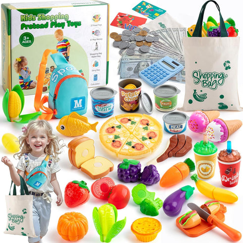 Pretend Play Food Sets for Toddlers, Kids Grocery Store Playset with Shopping