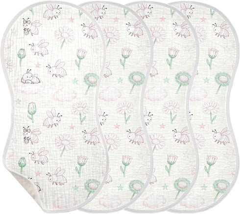 decor gift 4 Pack 22x11in Cotton Newborns Burp Cloths Soft and Absorbent Pink and Green Daisy Flower Bee Baby Burp Rags