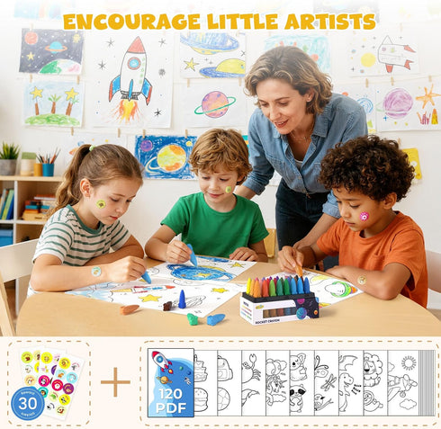 24 JUPITEARTH Colors Crayons for Toddlers, Non-Toxic Washable Rocket Crayons, Easy-to-Hold Coloring Gifts & Mess-Free