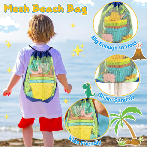 HUUIDY 4 4-12 Beach Toys for Kids, Sand Toys with Sand Buckets and Shovels for Kids, Sand Castle Building Kit with Mesh