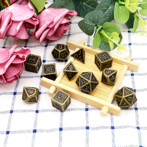 Haxtec 11 Pieces Metal DND Dice Set, Antique Bronze D&D Extra D6 D20 Compatible with TTRPG Games