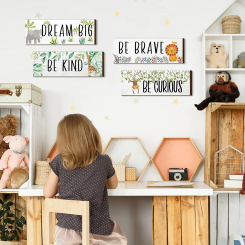 4 11x 3.9 Inches(Lively Pieces Woodland Nursery Decor Safari wall art Be kind brave curious Cute Jungle Animal Nursery