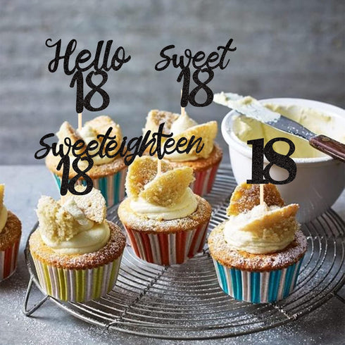 24 PCS 18th Birthday Cupcake Toppers, Sweet 18 Hello 18 Eighteen Cake Decorations Supplies (Black)