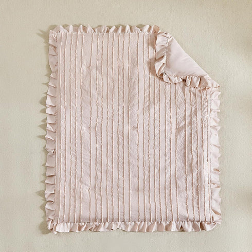 3 Set Pieces Tufted Stripes Crib Bedding with Ruffle Fringe, Pink Ruffled Comforter with Fitted Sheet and Bed Skirt