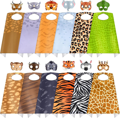 12 Set Safari Animal Mask and Capes | Kids Jungle Safari Theme Party Favors | Cosplay Wild Birthday Decorations