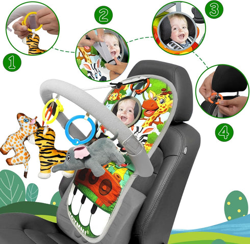 Car Seat Toys for Baby 6 to 12 Months, Musical Pedal Piano, Baby Travel Toys with Mirror and Squeaky Animal Toys