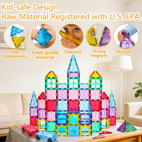 142PCS 2 3+ Upgraded Antibacterial Magnetic Tiles with Cars, Built-in Antibacterial Protection, Inhibits Bacterial