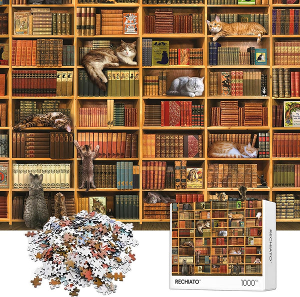 RECHIATO Cats Library Jigsaw Puzzle, 1000+ Piece Funny Kitten Bookshelf Puzzles, Challenging Animal
