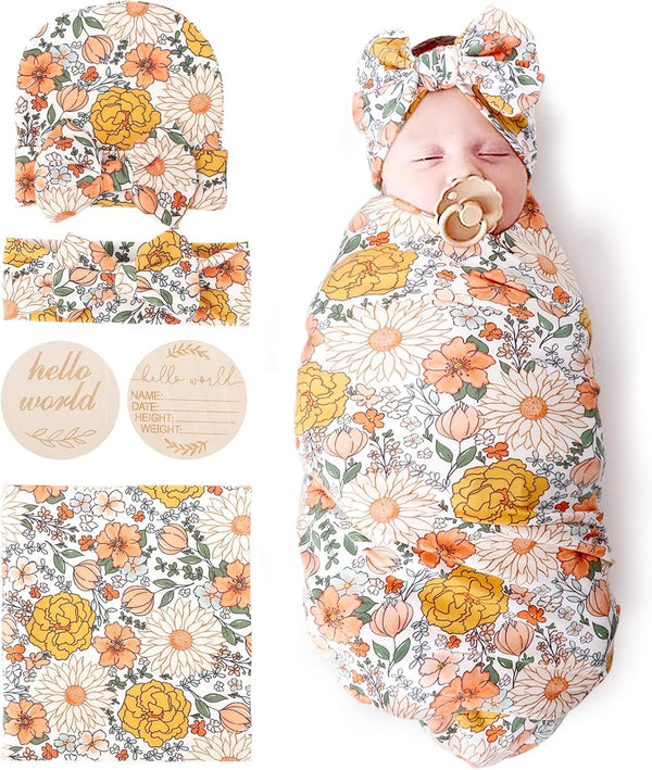 DRESHOW BQUBO Baby Girl Newborn Floral Receiving Blankets with Bow Hat Headband