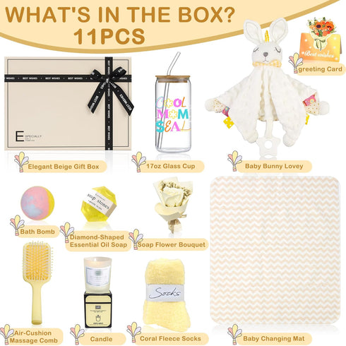Set 11PCS Package New Mom Gift Box - Unisex Luxury Spa & Baby Essentials in Elegant Box | Bunny Lovey, Changing Pad