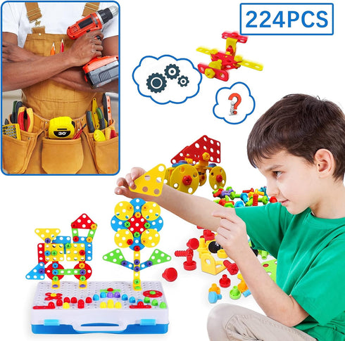 224 4-8, Set 2D/3D 5 6 7 8 9 10 PCS STEM Building Toys for Kids Ages Creative Mosaic Drill with Electric Drill