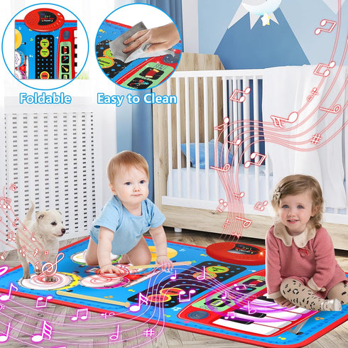 2-in-1 Musical Mat Toys - Piano Keyboard & Drum Set with 2 Drum Sticks for 1-5 Year Old Boys & Girls, Blue