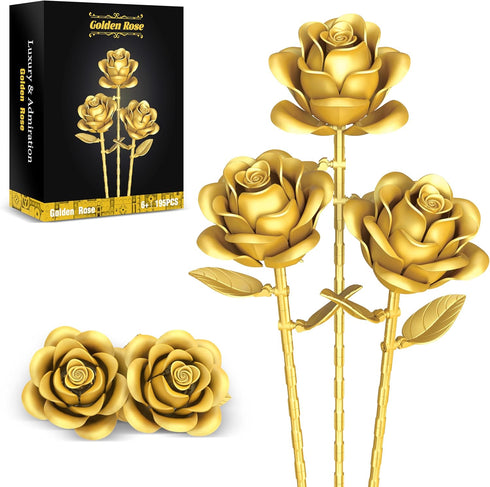 QIFUN Gold Roses Flower Building Set - 3 Roses Bouquet Botanical Building Blocks