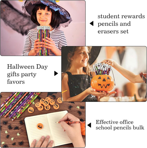 48 Pieces Halloween Pencils with 48 Pieces 3D Pumpkin Erasers Sets in Bulk for Kids Student Halloween Day Goodie Bags
