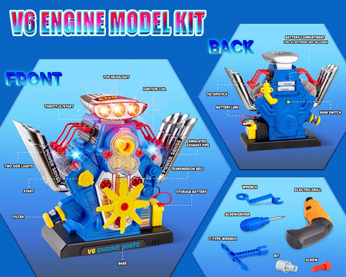 POFJOEQ V6 Kit60-Piece Playset 3-5 STEM New Engine Model Building Take Apart Toy with Realistic Lights & Sounds, Tools