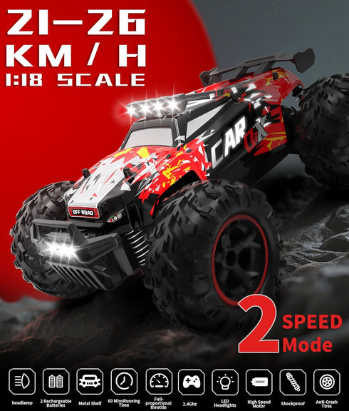 2.4GHz 26KM/H 1:18 1800mAh 6+ Carox Remote Control Car, High Speed RC Car, Off-Road Monster Truck with LED Lights