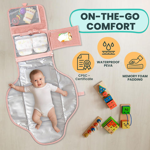 Portable Changing Pad for Baby - Travel Diaper Changing Mat, Large Waterproof, Foldable & Detachable with Wipes Pockets