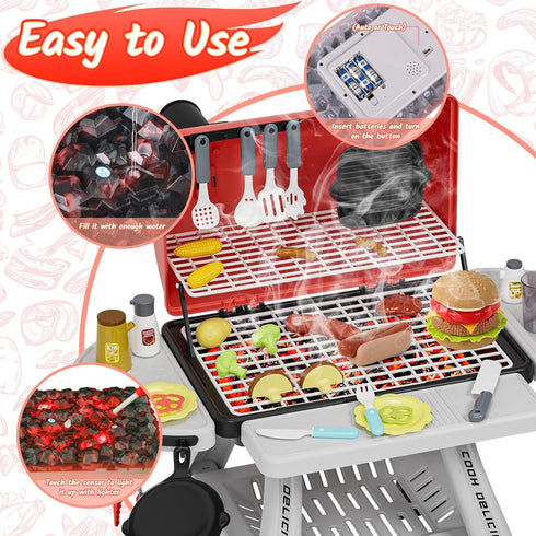 Kids Kitchen Playset, BBQ Grill Playset with Smoke, Sound & Light, Interactive Cooking Game for Toddlers Boys Girls 3-5