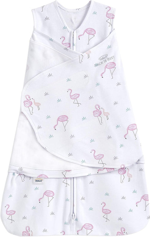 HALO 100% Cotton Sleepsack Swaddle, 3-Way Adjustable Wearable Blanket, TOG 1.5, Flamingos for Newborn 0-3 Months