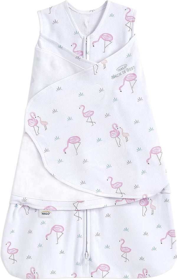 HALO 100% Cotton Sleepsack Swaddle, 3-Way Adjustable Wearable Blanket, TOG 1.5, Flamingos for Newborn 0-3 Months
