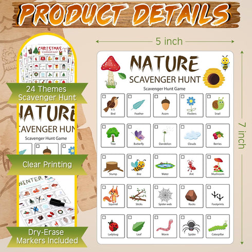 Hoolerry 12 Pcs Scavenger Hunt Game for Kids and Family 24 Themed Scavenger Hunt Card with Dry Erase Marker, Nature Beach Camping Road Travel Vehicle Birthday Christmas Find Seek Outdoor Indoor Game