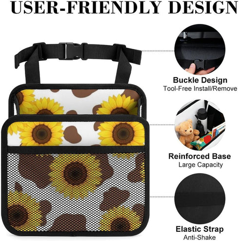 PPIKTC Spacious Hanging Auto Seat Organizer with Ventilated Mesh Pockets for Wet Wipes and Baby Supplies, Cow Print