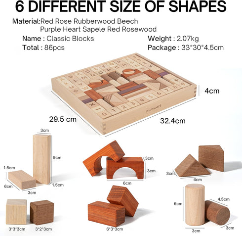 MOMOARI Set 86 6 3 Alphabet Number Early Math Wooden Building Blocks - Blocks in Shapes with Wooden Storage Tray.