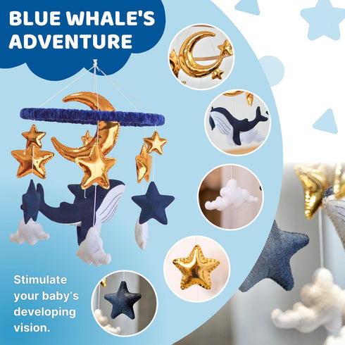 Whale Hanging Mobile - Nautical Stars and Moon Nursery Mobile for Boys - Felt Whale Gold Stars - Navy Blue Nursery
