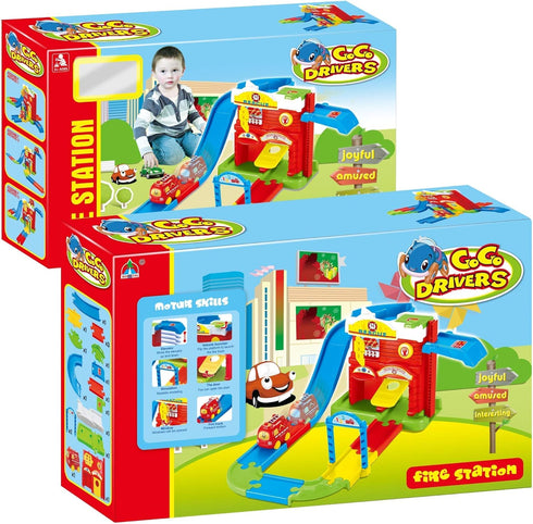 Go Go Drivers Garage Playset - Car Garage with Car Launcher, Race Track for Boys, Parking Lot Toy for Toddlers (Fire